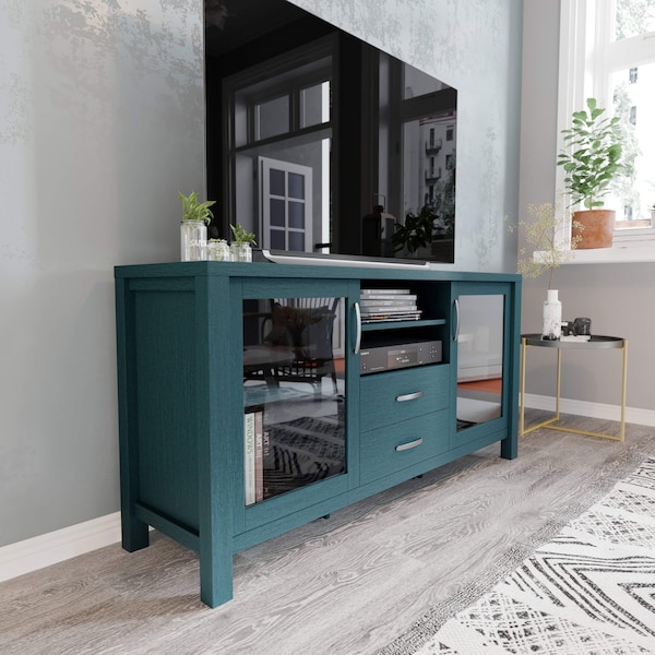 Flash Furniture Dion Teal 59 Inch Storage Cabinet, Engineered Wood, 2 Tempered Glass Doors, 2 Drawers, Open Shelf EV-CA7515-ZZ-TL-GG - main